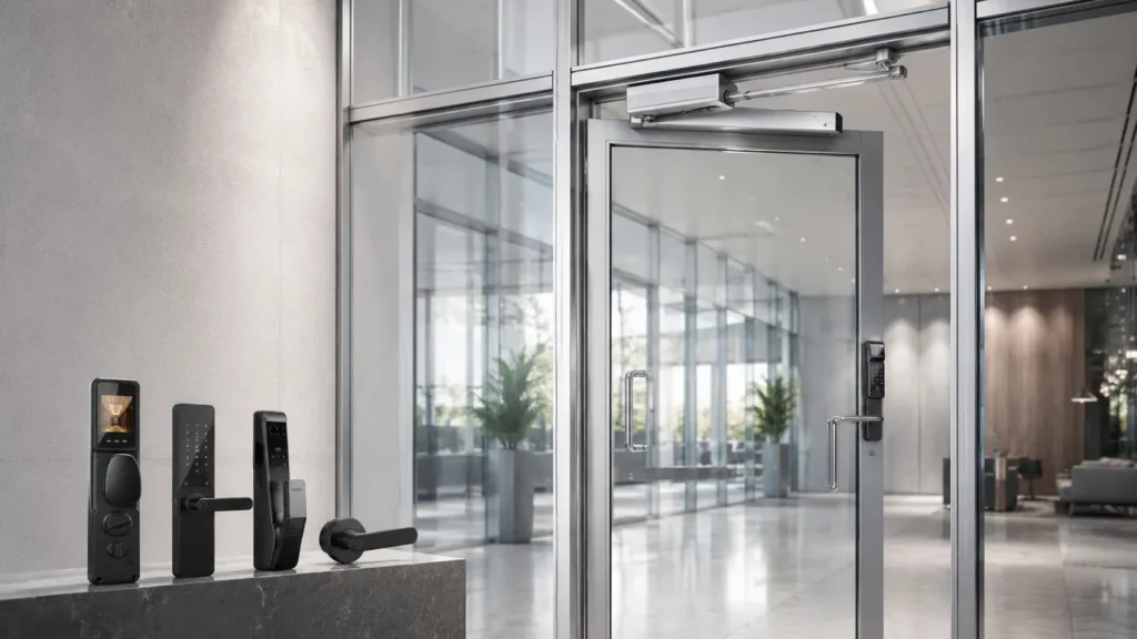 commercial_door_operator_Sleek_modern_lobby_with_smart_locks