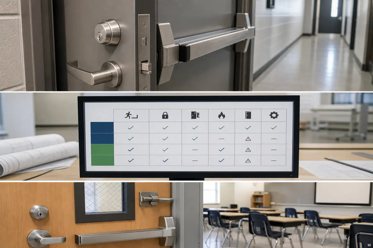 Classroom door with fire code compliant security lock and panic hardware