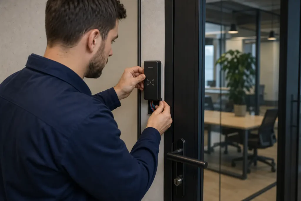 Technician installing RFID access control reader on commercial office door