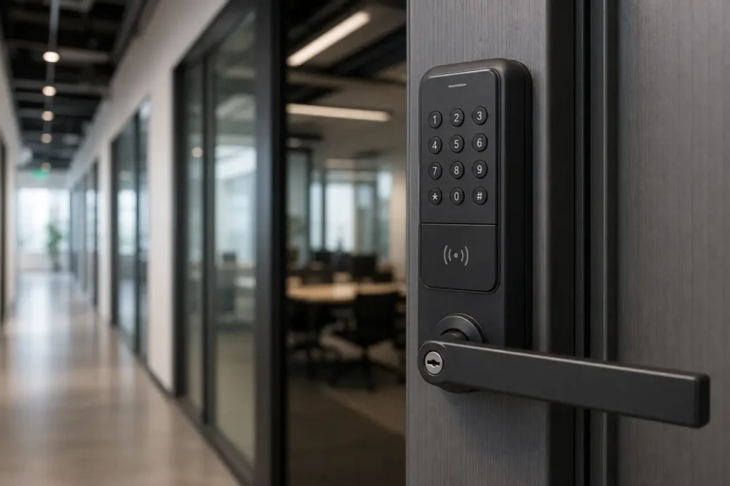 Commercial smart lock installed on a secure office door