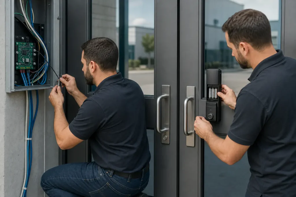 Technician installing wired and wireless access control locks on commercial facility doors