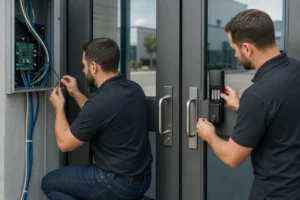 Technician installing wired and wireless access control locks on commercial facility doors