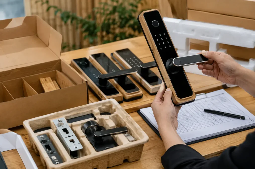 custom logo smart door lock bamboo product samples with packaging and customization inspection setup