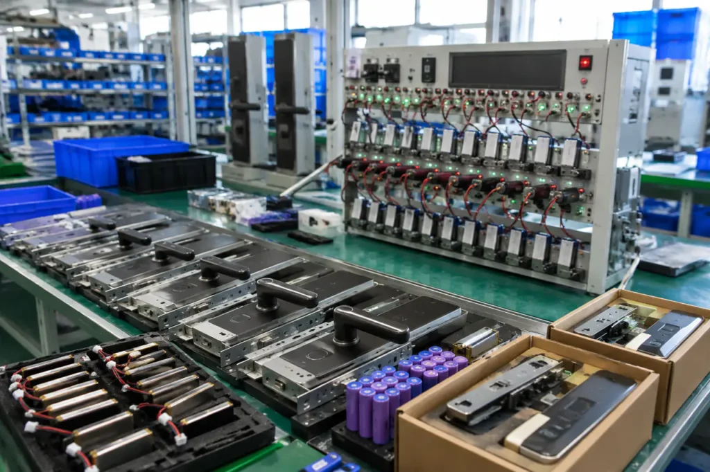 hotel door lock factory China battery cells and test bench inspection setup