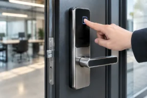 Close-up of a high-security OEM smart lock on a commercial door