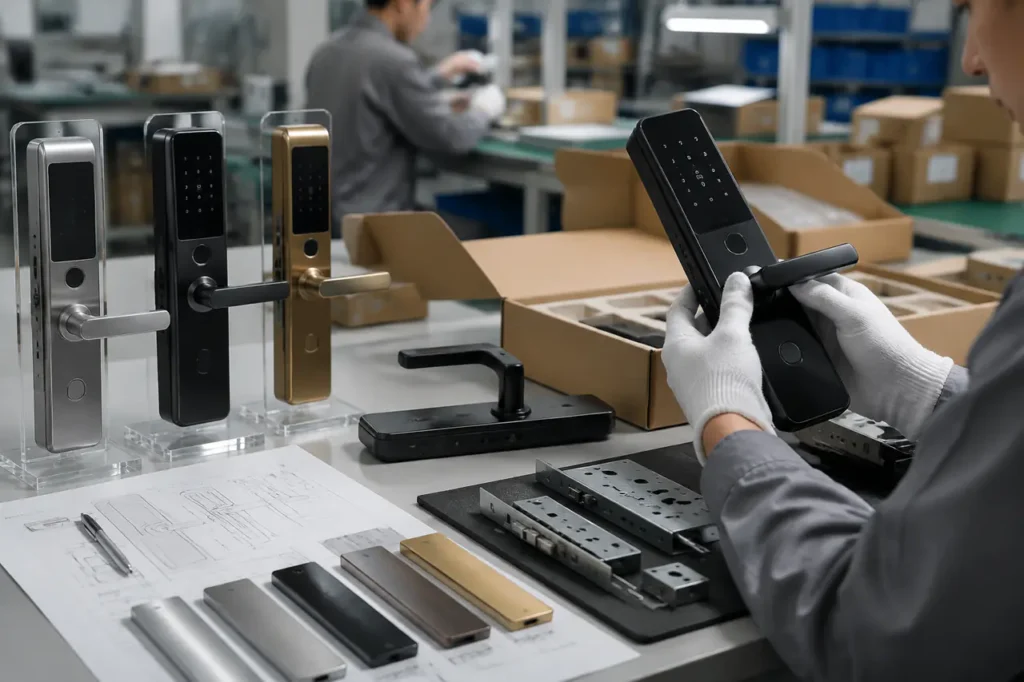 OEM smart lock manufacturer bamboo product samples with packaging and customization inspection setup