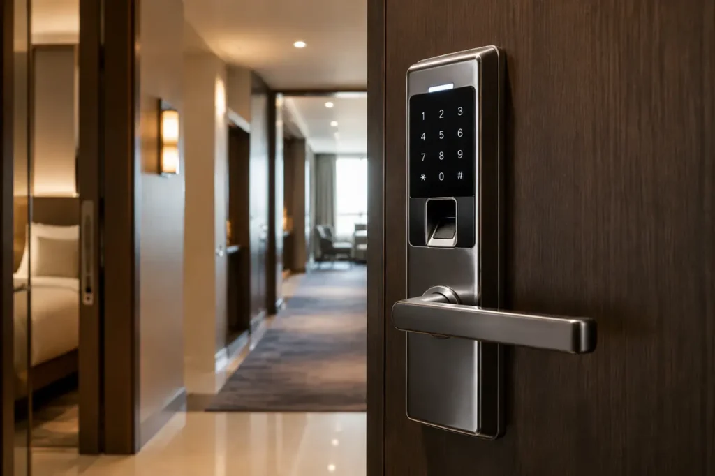 Close-up of a commercial smart door lock installed on a hotel room door
