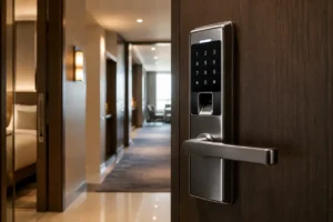 Close-up of a commercial smart door lock installed on a hotel room door
