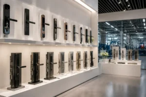 High-tech smart lock products displayed in a modern factory showroom