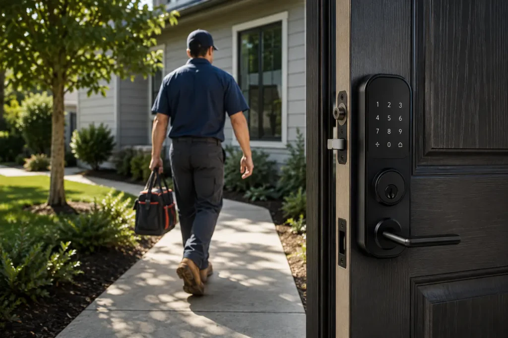 Smart lock installed on residential front door with keypad and smartphone control