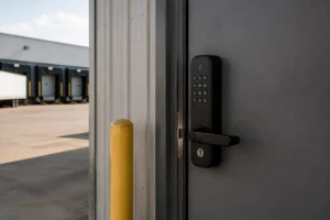 Industrial warehouse exterior door with installed smart lock